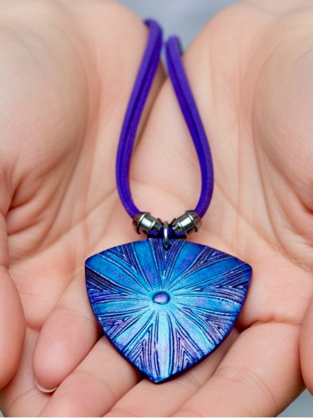 Handmade Blue & Purple Floral Textured Polymer Clay Pendant Necklace on Cord SS